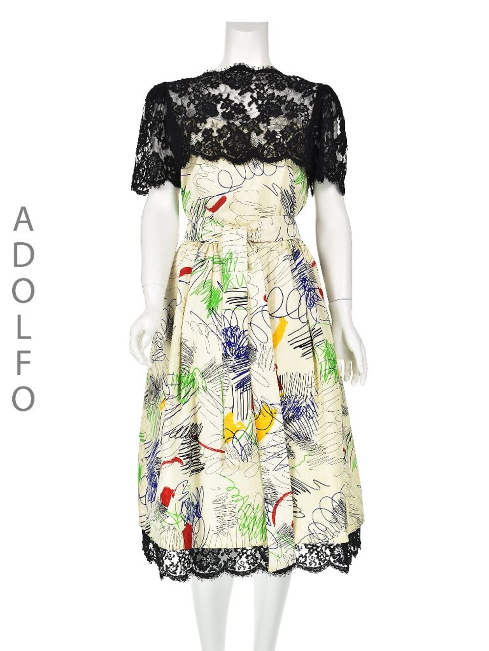 ADOLFO Saks Fifth Avenue 1980s Silk Scribble Print & Black Lace 2-Pc Dress, SZ 8